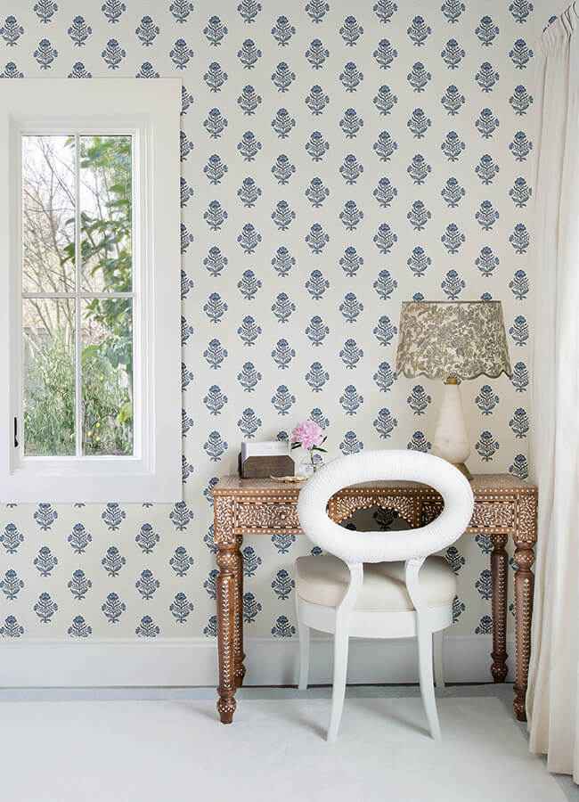Hollyhock Blue Floral Crest Wallpaper - York Wallcoverings - 4148-27417 - York Wallcoverings Wallpaper
