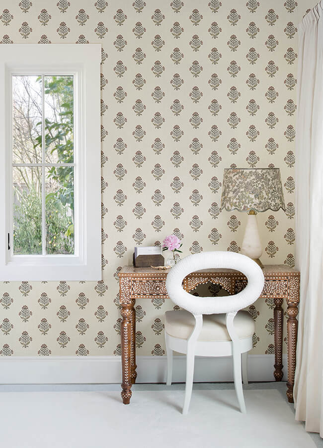 hollyhock-rust-floral-crest-wallpaper-york-wallcoverings-4148-27420 - York Wallcoverings Wallpaper