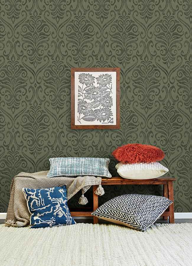 Adavu Dark Green Damask Wallpaper - York Wallcoverings - 4148-27440 - York Wallcoverings Wallpaper