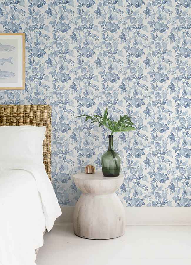 Beach Rose Blue Floral Fruits Wallpaper - York Wallcoverings - 4172-27492 - York Wallcoverings Wallpaper