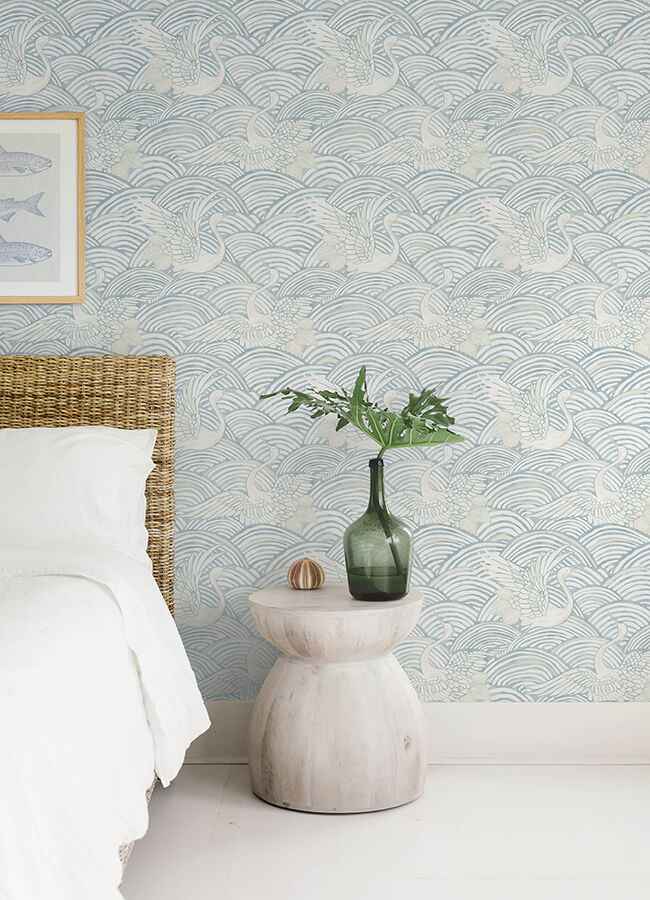 Egret Sky Blue Tidal Dance Wallpaper - York Wallcoverings - 4172-27498
