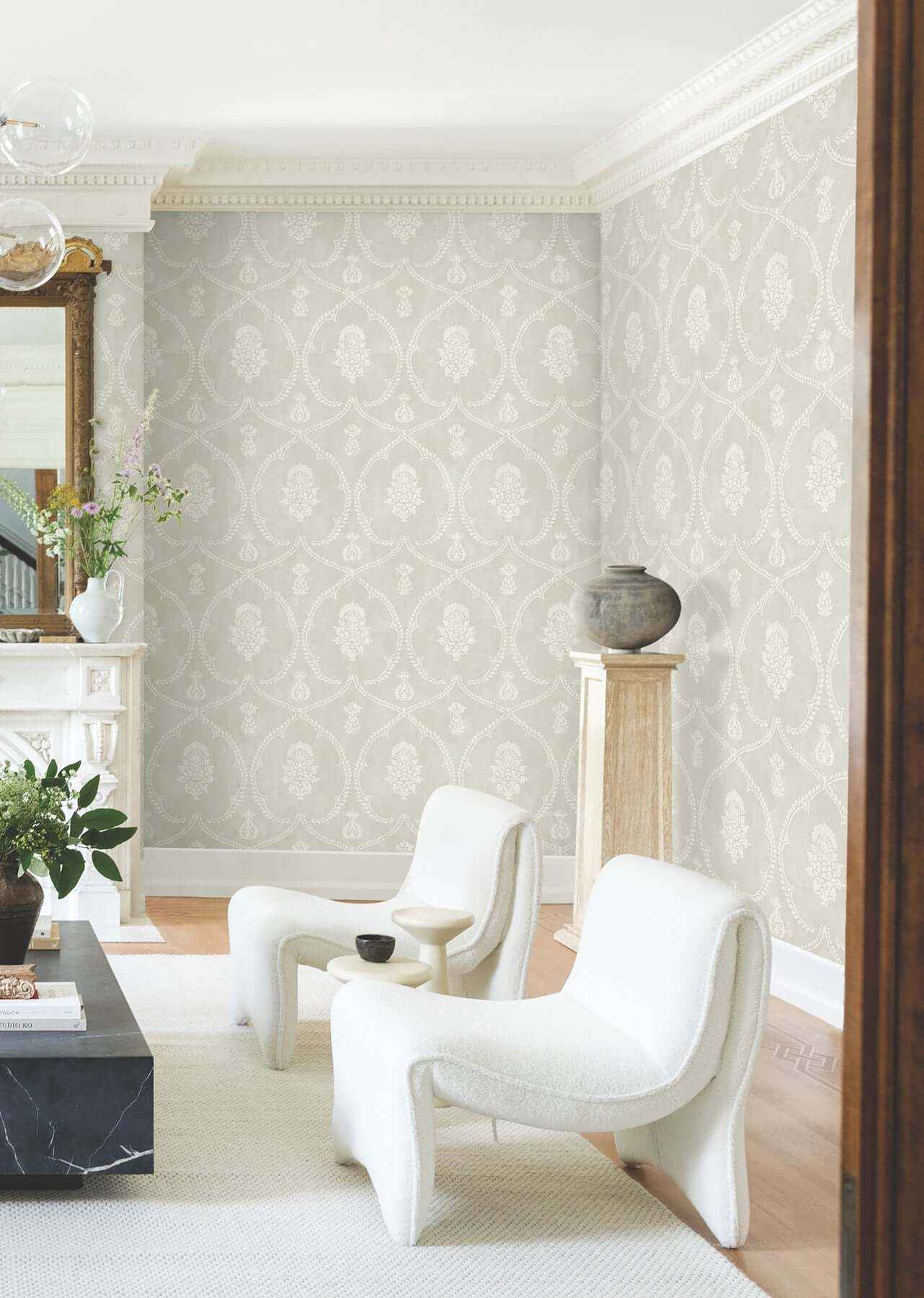Royal Damask Soft Grey Wallpaper - York Wallcoverings - MX9642 - York Wallcoverings Wallpaper