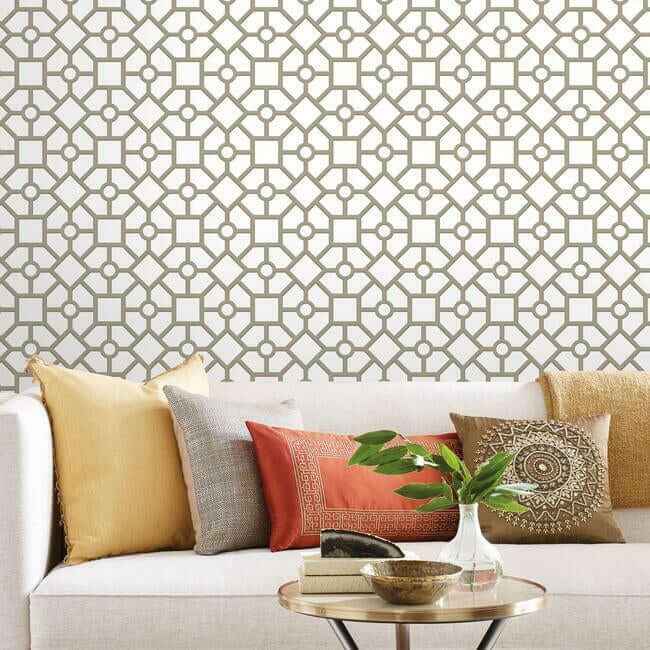 Hedgerow Trellis Taupe & Gold Peel & Stick Wallpaper - York Wallcoverings - PSW1026RL - York Wallcoverings Wallpaper