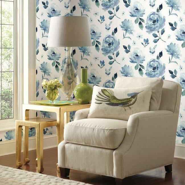 Watercolor Blooms Blue Peel & Stick Wallpaper - York Wallcoverings - PSW1074RL - York Wallcoverings Wallpaper