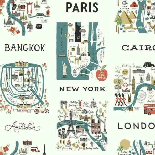 City Maps Blue & Red Wallpaper - York Wallcoverings - RI5162