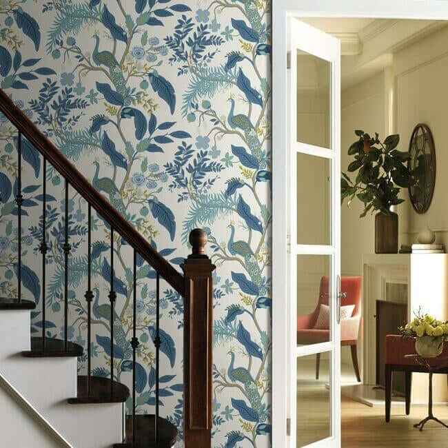 Peacock Blue & White Wallpaper - York Wallcoverings - RI5173 - York Wallcoverings Wallpaper