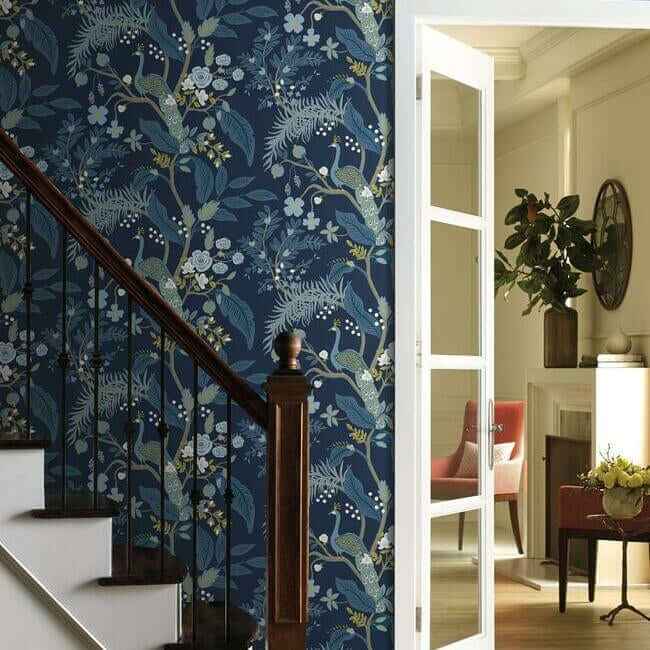 Peacock Navy Wallpaper - York Wallcoverings - RI5172 - York Wallcoverings Wallpaper