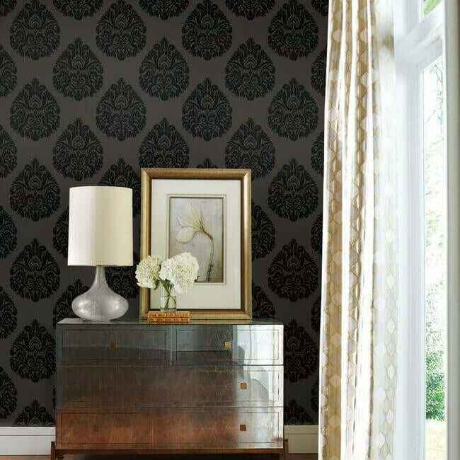 Teardrop Damask Black Wallpaper - York Wallcoverings - KT2144 - York Wallcoverings Wallpaper