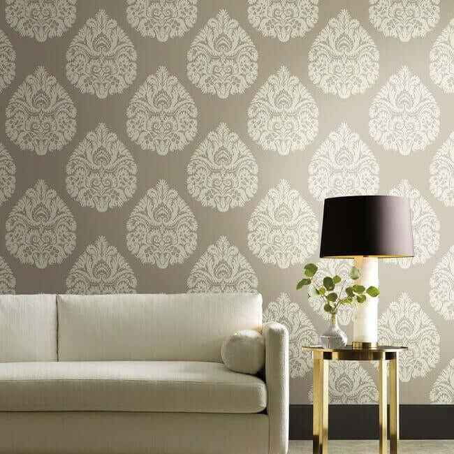 Teardrop Damask Beige Wallpaper - York Wallcoverings - KT2142