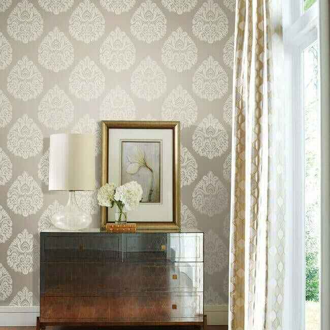 Teardrop Damask Beige Wallpaper - York Wallcoverings - KT2142 - York Wallcoverings Wallpaper