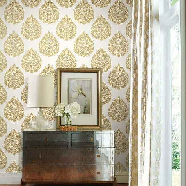Teardrop Damask Gold Wallpaper - York Wallcoverings - KT2141 - York Wallcoverings Wallpaper