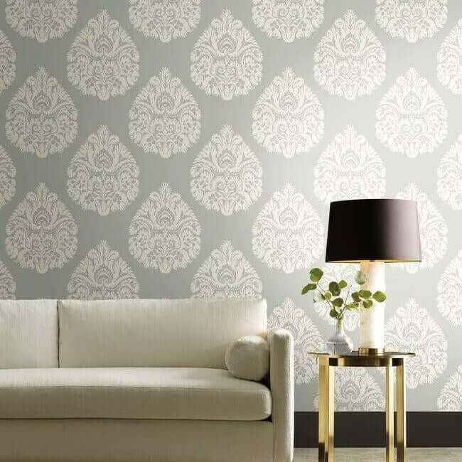 Teardrop Damask Light Grey Wallpaper - York Wallcoverings - KT2145 - York Wallcoverings Wallpaper
