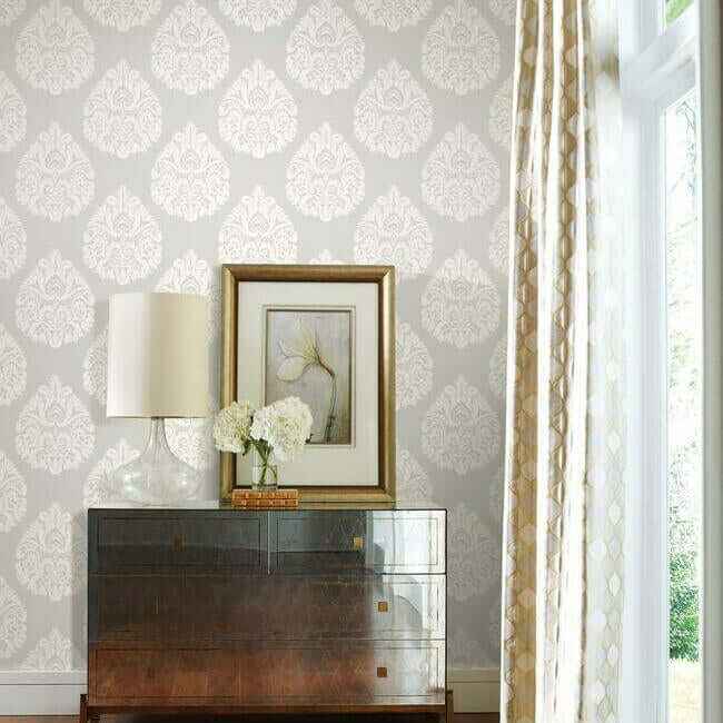 Teardrop Damask Light Grey Wallpaper - York Wallcoverings - KT2145 - York Wallcoverings Wallpaper