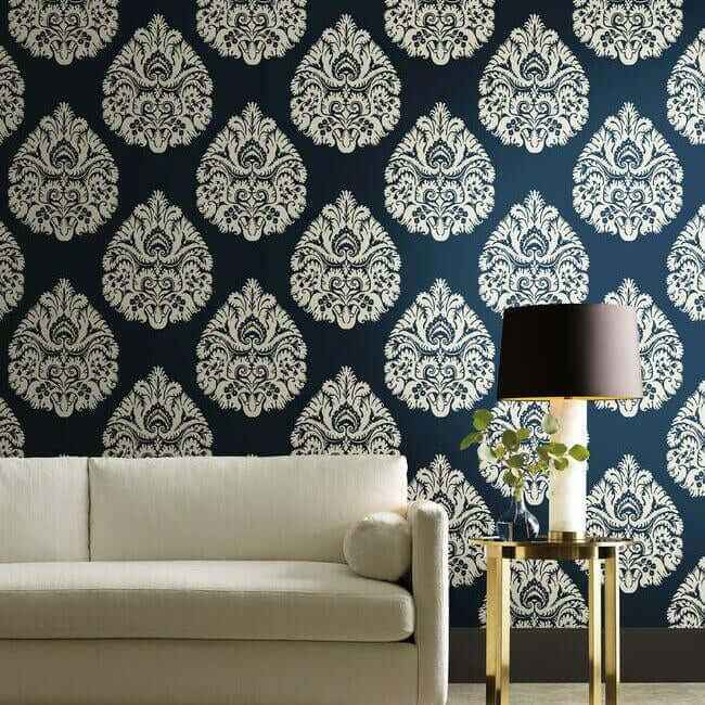 Teardrop Damask Navy Wallpaper - York Wallcoverings - KT2143 - York Wallcoverings Wallpaper