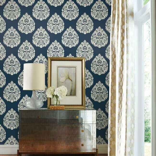 Teardrop Damask Navy Wallpaper - York Wallcoverings - KT2143 - York Wallcoverings Wallpaper