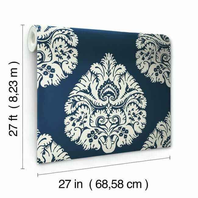 Teardrop Damask Navy Wallpaper - York Wallcoverings - KT2143 - York Wallcoverings Wallpaper
