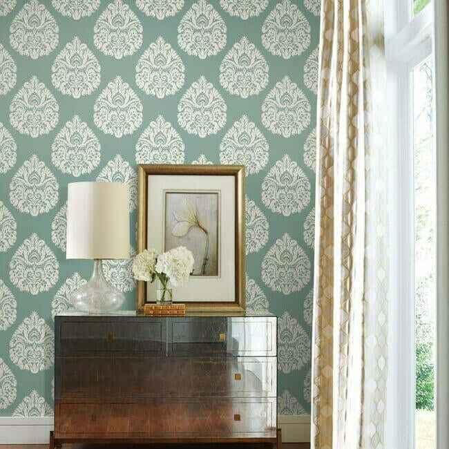 Teardrop Damask Teal Wallpaper - York Wallcoverings - KT2146 - York Wallcoverings Wallpaper