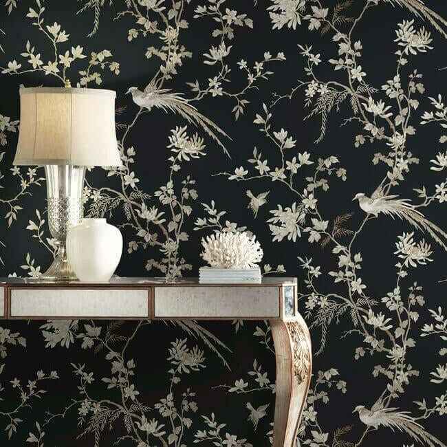 Bird & Blossom Chinoserie Black Wallpaper - York Wallcoverings - KT2173 - York Wallcoverings Wallpaper