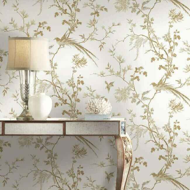 Bird & Blossom Chinoserie White & Gold Wallpaper - York Wallcoverings - KT2174 - York Wallcoverings Wallpaper