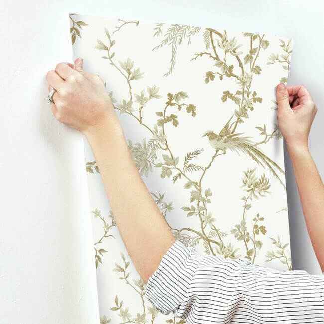 Bird & Blossom Chinoserie White & Gold Wallpaper - York Wallcoverings - KT2174 - York Wallcoverings Wallpaper