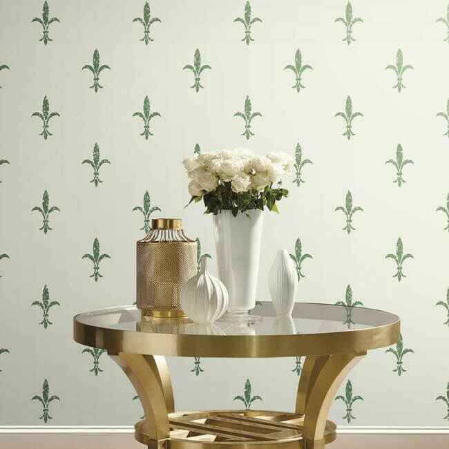 Fleur De Lis White & Green Wallpaper - York Wallcoverings - KT2194