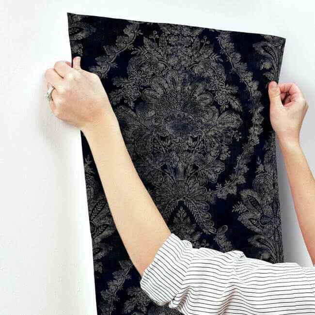 Charleston Damask Navy Wallpaper - York Wallcoverings - KT2215 - York Wallcoverings Wallpaper