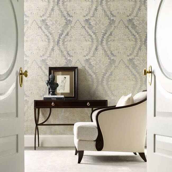 Charleston Damask Silver Wallpaper - York Wallcoverings - PM9309
