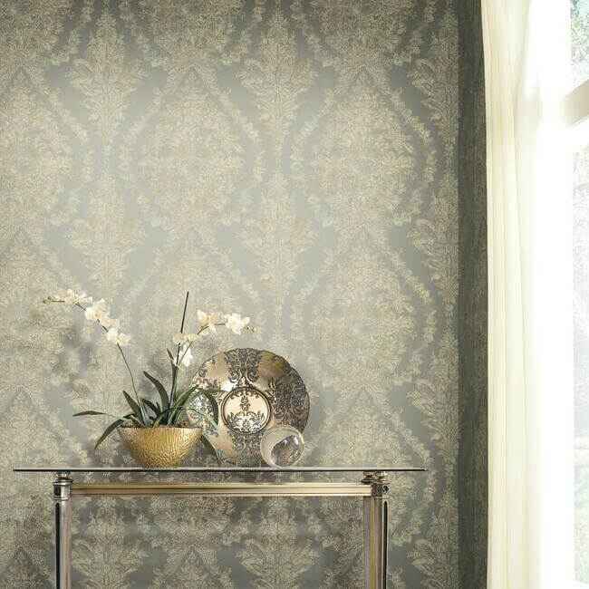Charleston Damask Silver Wallpaper - York Wallcoverings - PM9309 - York Wallcoverings Wallpaper
