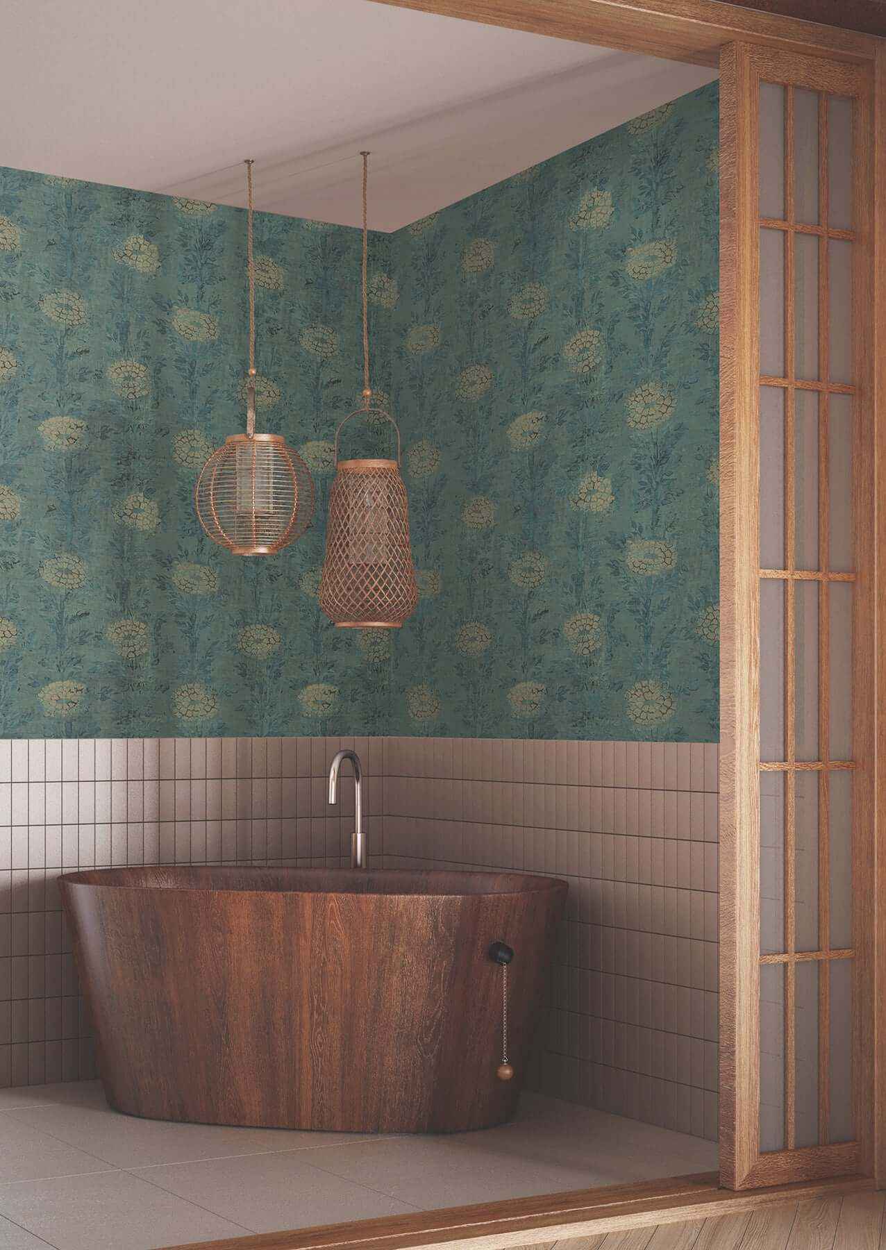 French Marigold Teal Green & Gold Wallpaper - York Wallcoverings - AF6519 - York Wallcoverings Wallpaper