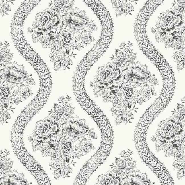 Coverlet Floral Black & Off White Wallpaper - York Wallcoverings - MH1597