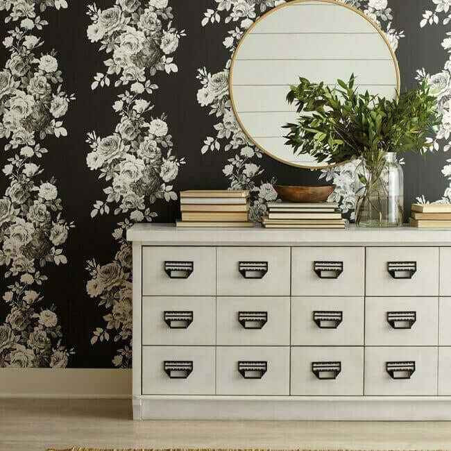 Tea Rose Black & White Wallpaper - York Wallcoverings - ME1533 - York Wallcoverings Wallpaper