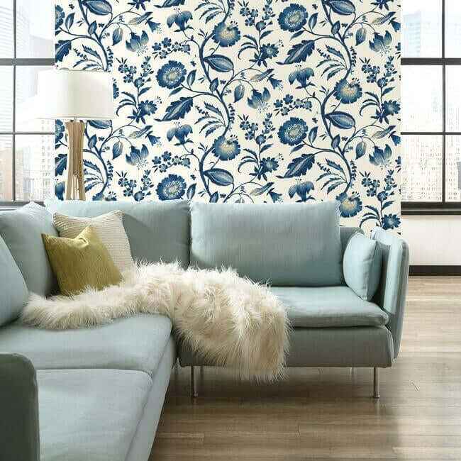 Watercolor Jacobean Blue & White Wallpaper - York Wallcoverings - AT7021 - York Wallcoverings Wallpaper