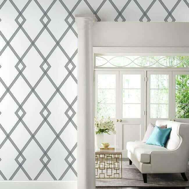 Ribbon Stripe Trellis White & Black Wallpaper - York Wallcoverings - CY1509 - York Wallcoverings Wallpaper