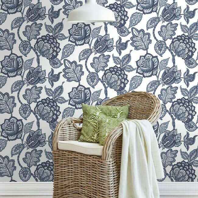 White & Blue Midsummer Jacobean Wallpaper - York Wallcoverings - CY1535 - York Wallcoverings Wallpaper