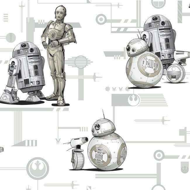 Star Wars: The Rise of Skywalker, Droids! Black & White Wallpaper - York Wallcoverings - DI0947 - York Wallcoverings Wallpaper