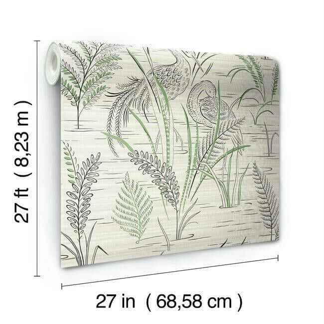 Fernwater Cranes Black & Green Wallpaper - York Wallcoverings - GR5952 - York Wallcoverings Wallpaper