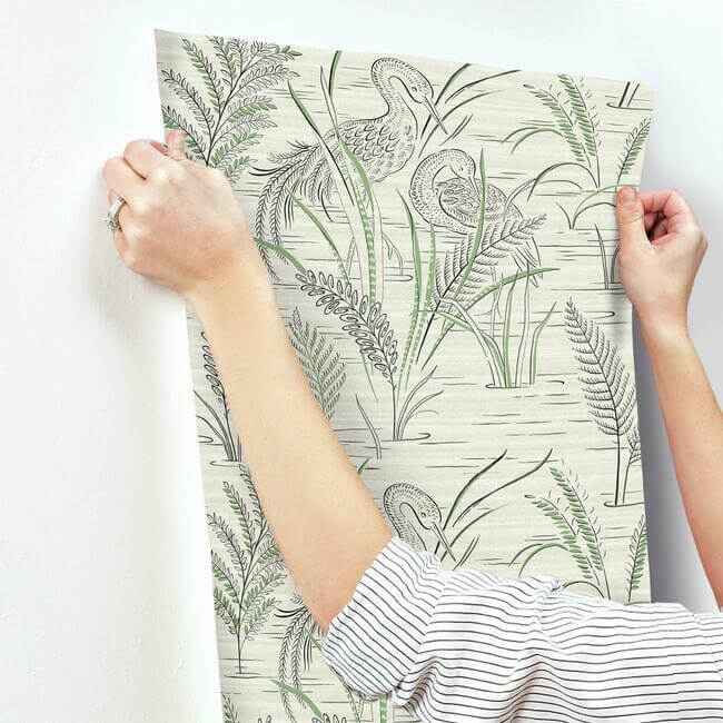 Fernwater Cranes Black & Green Wallpaper - York Wallcoverings - GR5952 - York Wallcoverings Wallpaper