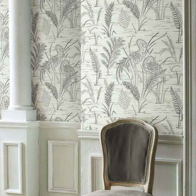 Fernwater Cranes Black & Grey Wallpaper - York Wallcoverings - GR5953 - York Wallcoverings Wallpaper