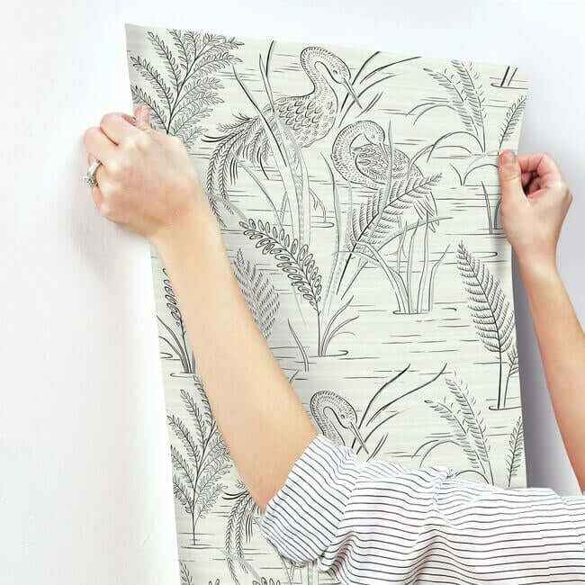 Fernwater Cranes Black & Grey Wallpaper - York Wallcoverings - GR5953 - York Wallcoverings Wallpaper