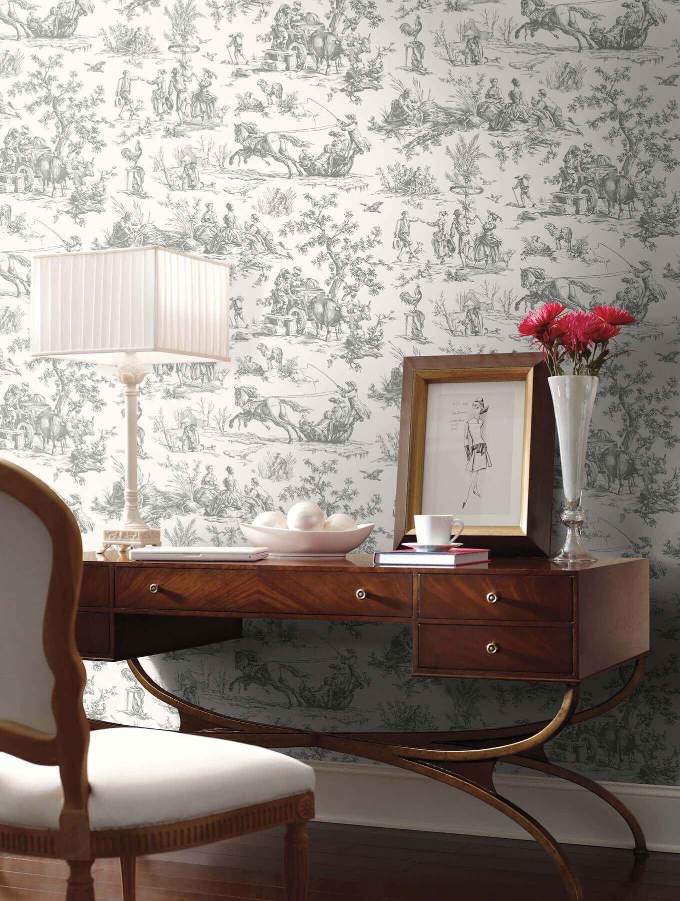 Seasons Toile Grey Wallpaper - York Wallcoverings - GR5922