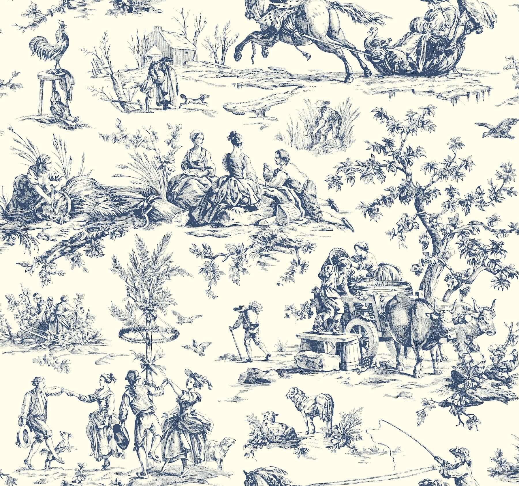 seasons-toile-navy-wallpaper-york-wallcoverings-af2000 - York Wallcoverings Wallpaper