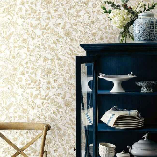 Aviary Off White & Gold Peel & Stick Wallpaper - York Wallcoverings - PSW1309RL - York Wallcoverings Wallpaper