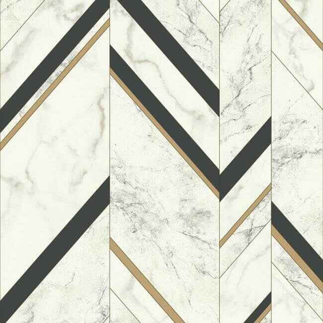 Marble Chevron Black & Gold Wallpaper - York Wallcoverings - MM1805