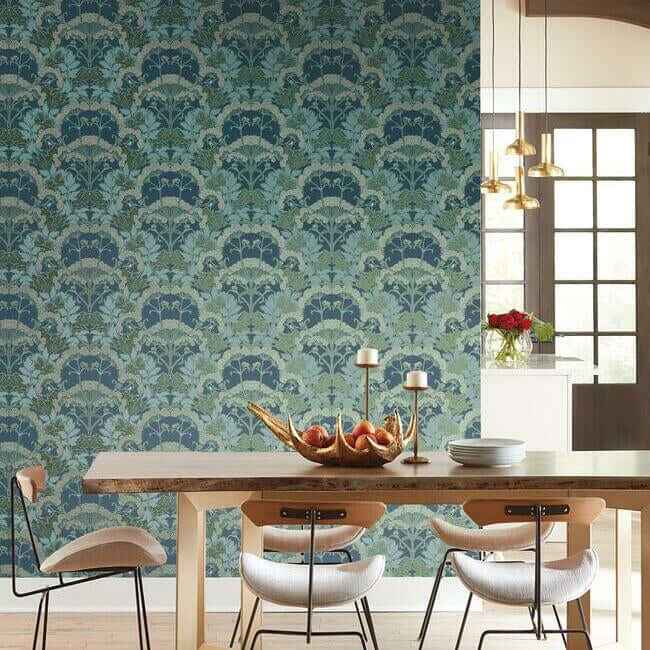 Yarrow Nouveau Blue & Green Wallpaper - York Wallcoverings - NV5558