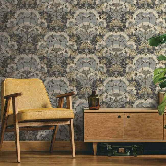 Yarrow Nouveau Charcoal & Gold Wallpaper - York Wallcoverings - NV5557 - York Wallcoverings Wallpaper