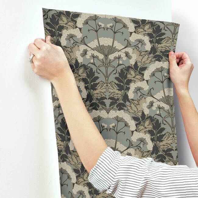 Yarrow Nouveau Charcoal & Gold Wallpaper - York Wallcoverings - NV5557 - York Wallcoverings Wallpaper