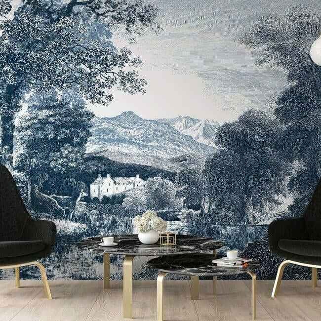 Provincial Scenic Navy Wall Mural - York Wallcoverings - MU0271M - York Wallcoverings Wallpaper