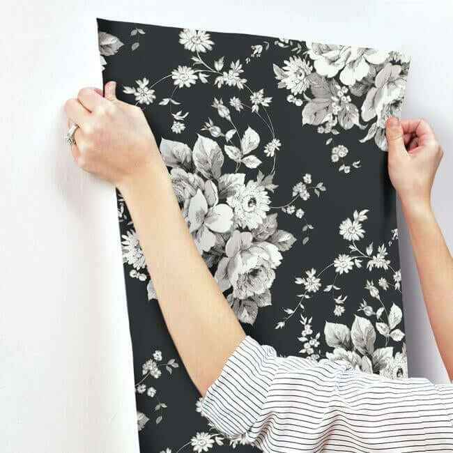 Heritage Rose Black & Grey Wallpaper - York Wallcoverings - FH4088 - York Wallcoverings Wallpaper