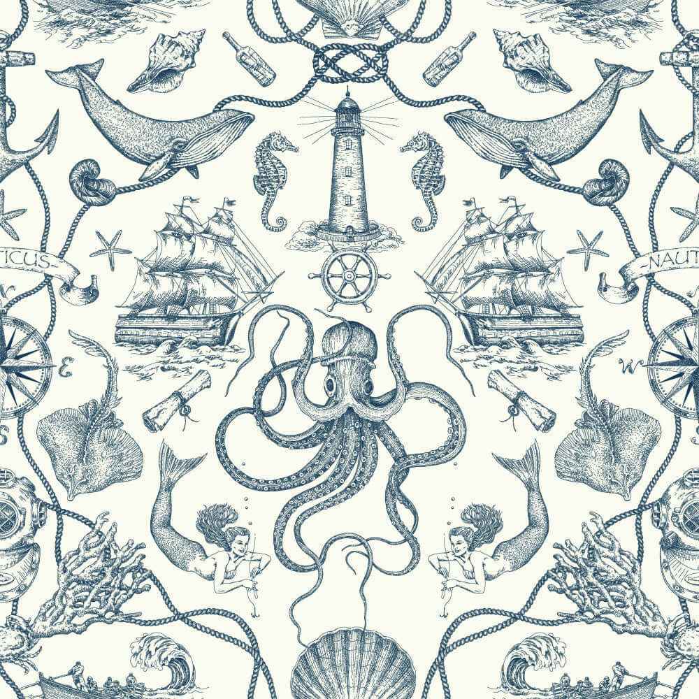 Deep Sea Toile Blue Wallpaper - York Wallcoverings - HO3361