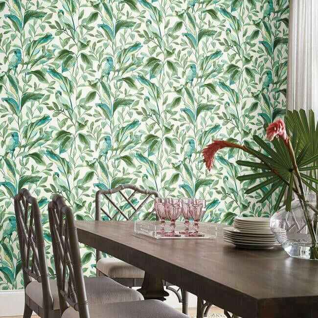 Tropical Love Birds White & Aqua Wallpaper - York Wallcoverings - TC2654